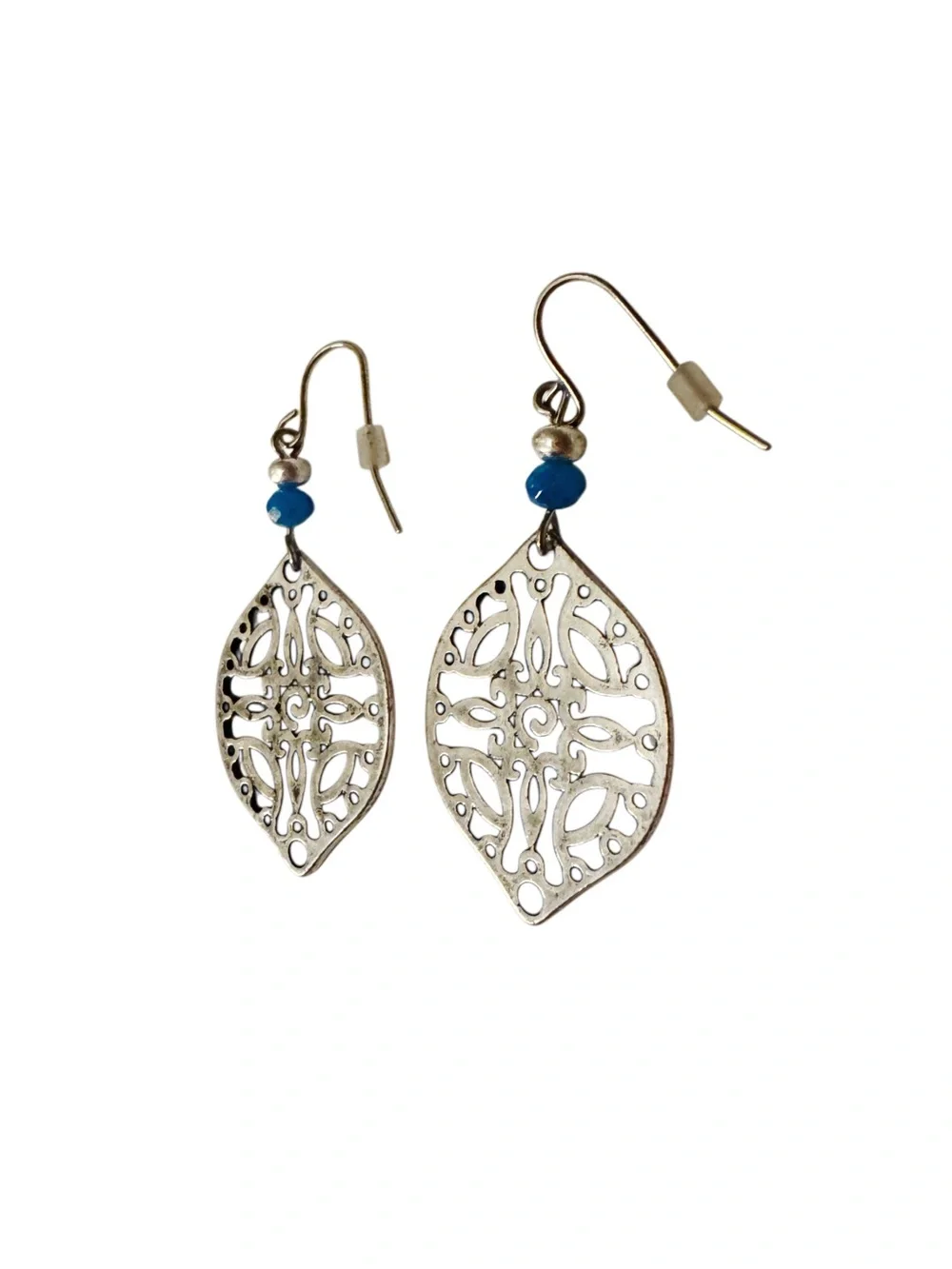 Filigree Leaf Drop Earrings with Blue and Silver Bead Accents